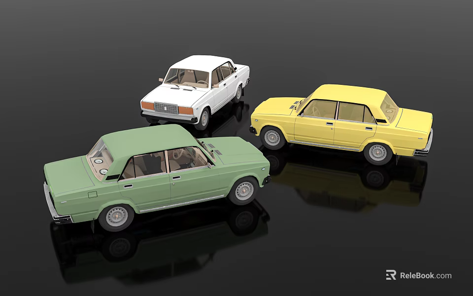 Three Classic Car Models in White Yellow and Green on Black 3d model 