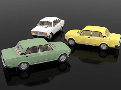 Three Classic Car Models in White Yellow and Green on Black 3d model