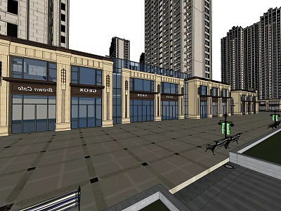 Modern Urban Commercial Street With Storefronts High Rise Buildings And Plaza Benches 3d model