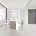 Minimalist Restaurant Interior Design With Round Dining Table Grey Chairs And Pendant Lights