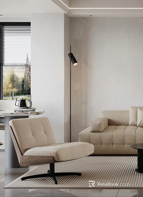 Modern Beige Leisure Chair in Living Room with Sofa Natural View and Window Blinds 3d model 