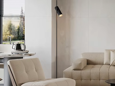 Modern Beige Leisure Chair in Living Room with Sofa Natural View and Window Blinds 3d model