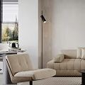 Modern Beige Leisure Chair in Living Room with Sofa Natural View and Window Blinds