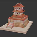 Traditional Multi Tiered Architectural Model With Red Roofs Stone Base And Steps