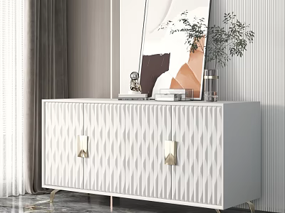 Elegant White Entryway Console Cabinet With Wavy Texture Golden Handles Legs And Green Plant Artwork 3d model