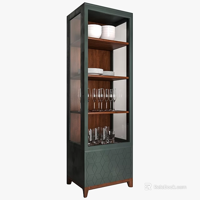 Modern Storage Cabinet with Glass Door Wooden Shelves Holding White Bowls Plates and Wine Glasses 3d model 