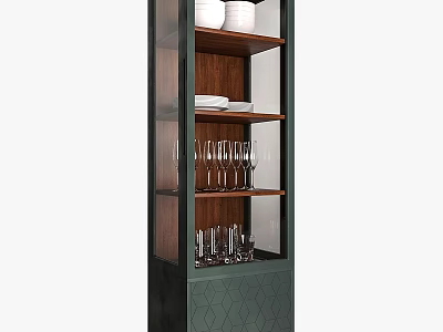 Modern Storage Cabinet with Glass Door Wooden Shelves Holding White Bowls Plates and Wine Glasses 3d model