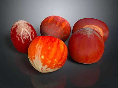 Several Red Textured Chestnuts Some Sliced Showing Inner Part On Dark Background 3d model