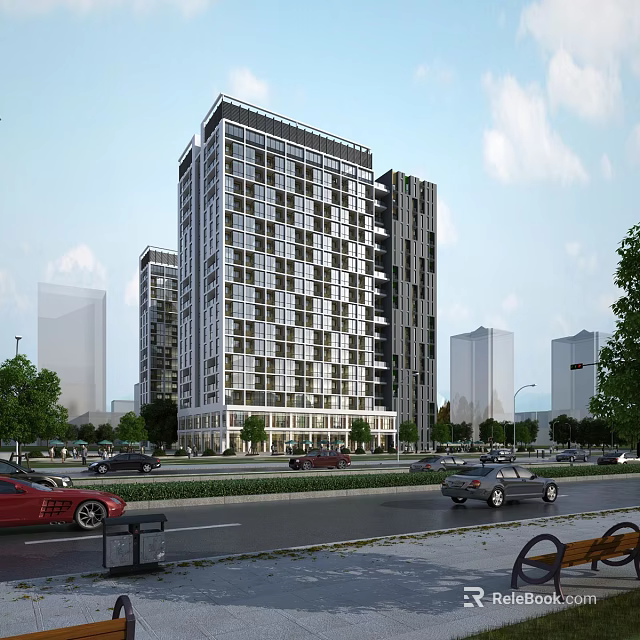 Modern High Rise Office Building with Glass Curtain Walls Surrounded by Street Trees and Traffic 3d model 