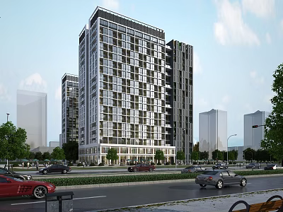 Modern High Rise Office Building with Glass Curtain Walls Surrounded by Street Trees and Traffic 3d model