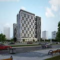 Modern High Rise Office Building with Glass Curtain Walls Surrounded by Street Trees and Traffic