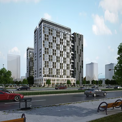 Modern High Rise Office Building with Glass Curtain Walls Surrounded by Street Trees and Traffic 3d model