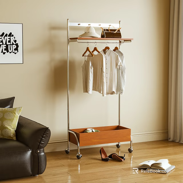 Modern Clothes Rack With White Shirts Hat Handbag And Wooden Storage Drawer 3d model 