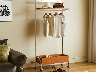 Modern Clothes Rack With White Shirts Hat Handbag And Wooden Storage Drawer 3d model