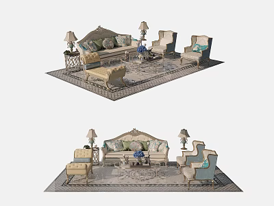 Classic Carved Sofa And Coffee Table Set With Table Lamps Accent Chairs And Area Rug 3d model