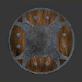 Rustic Medieval Decorative Shield With Metal Frame Wooden Base Ornate Rivets And Engraved Patterns
