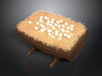 Wooden Container Filled With Straw And White Eggs On Dark Background 3d model
