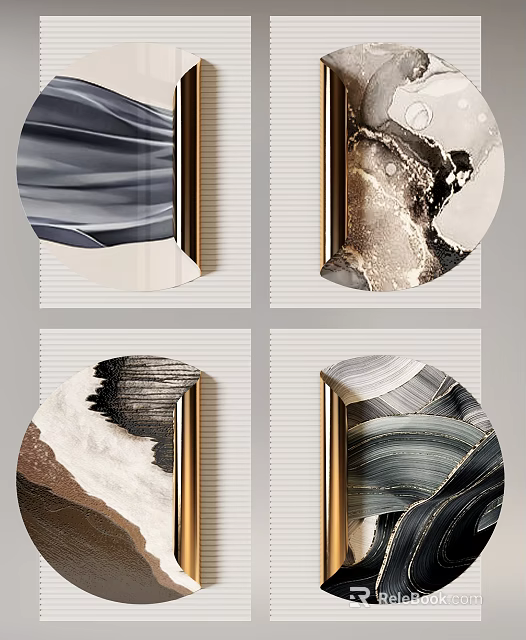 Modern Circular Decorative Paintings With Golden Frames And Abstract Textures 3d model 