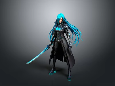 3D Character With Long Blue Hair Black Outfit And Glowing Blue Sword 3d model