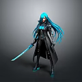 3D Character With Long Blue Hair Black Outfit And Glowing Blue Sword