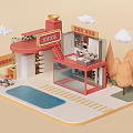 3D Miniature Model Scene With Red Roof Building OPEN Sign Swimming Pool Trees And Clouds