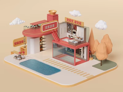 3D Miniature Model Scene With Red Roof Building OPEN Sign Swimming Pool Trees And Clouds 3d model
