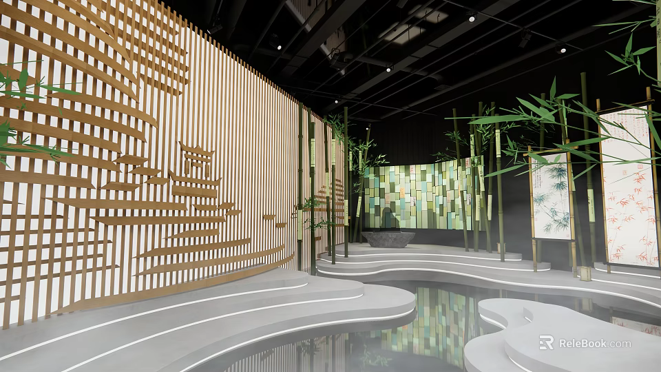 Traditional Chinese Interior Space With Golden Lattice Bamboo Water Pool Stepped Platforms And Ink Art 3d model 