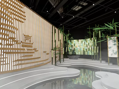 Traditional Chinese Interior Space With Golden Lattice Bamboo Water Pool Stepped Platforms And Ink Art 3d model