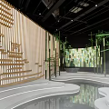 Traditional Chinese Interior Space With Golden Lattice Bamboo Water Pool Stepped Platforms And Ink Art
