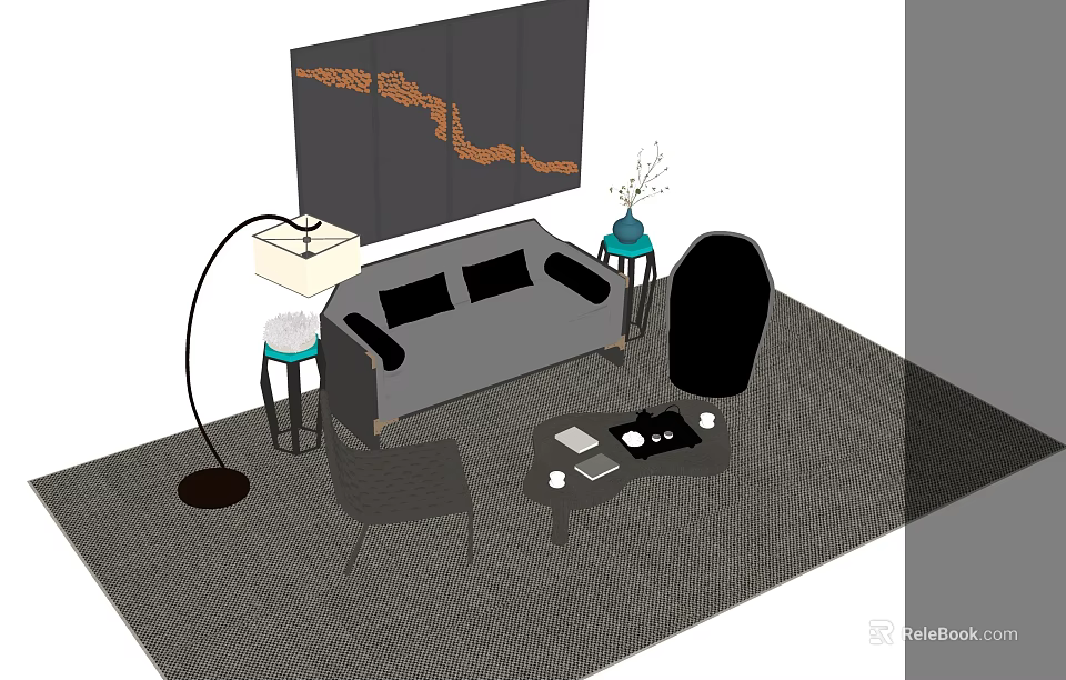 Modern Gray Sofa And Coffee Table Set With Black Chair Floor Lamp And Decorative Wall Art 3d model 