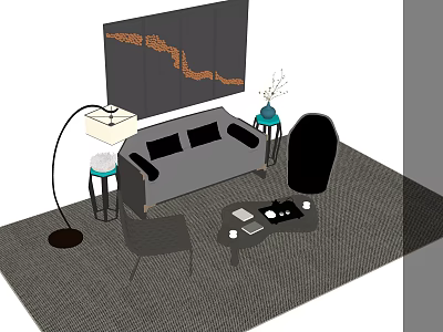 Modern Gray Sofa And Coffee Table Set With Black Chair Floor Lamp And Decorative Wall Art 3d model