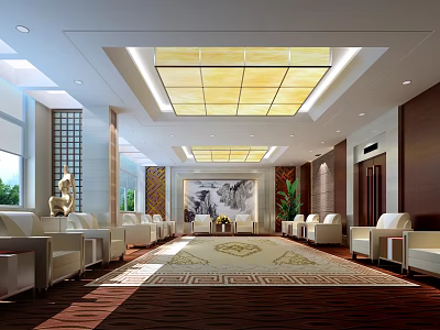 Spacious Hotel Public Lounge With White Sofas Wooden Flooring And Decorative Painting 3d model