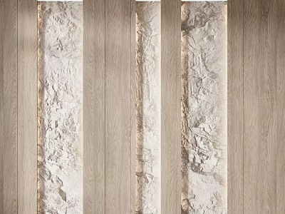 Natural Wooden Background Wall With Textured Stone Panels And Vertical Design 3d model