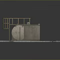 Industrial Cylindrical Storage Tank With Control Building Metal Stairs And Green Ground Base