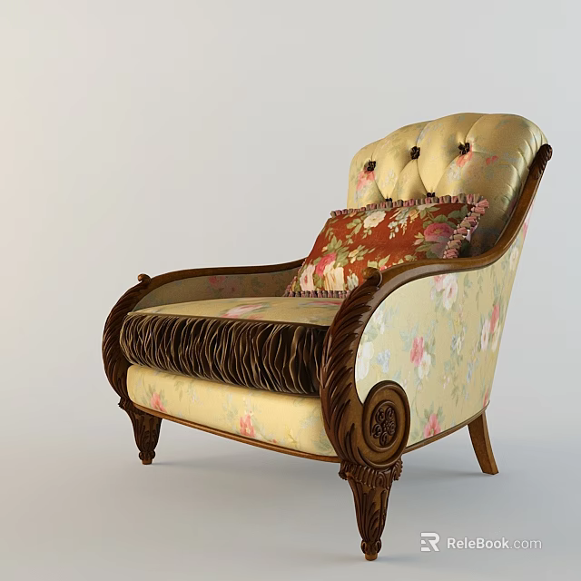 Vintage Bar Chair With Floral Pattern Upholstery And Wooden Frame Details 3d model 