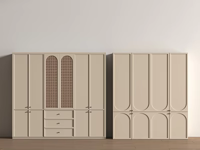 Two Modern Beige Wardrobes With Rattan Design And Multiple Storage Drawers 3d model