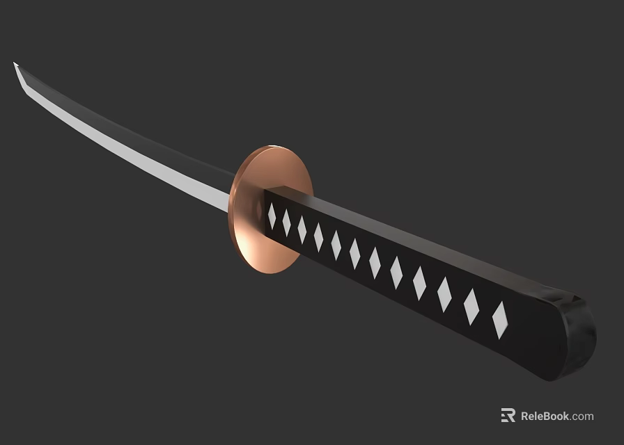 Traditional Samurai Sword With Silver Blade Black Handle Diamond Pattern And Copper Tsuba 3d model 