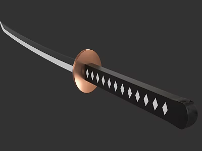 Traditional Samurai Sword With Silver Blade Black Handle Diamond Pattern And Copper Tsuba 3d model