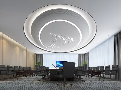 Modern Conference Room Interior With Circular Ceiling Large Screen Tables Chairs And Curtains 3d model