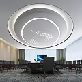 Modern Conference Room Interior With Circular Ceiling Large Screen Tables Chairs And Curtains