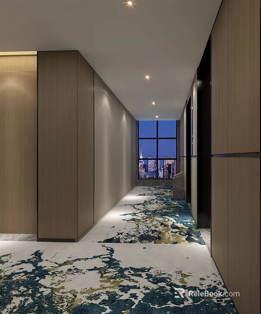 Long Hotel Corridor With Wooden Walls Large Windows City View And Patterned Carpet Ceiling Lights 3d model 