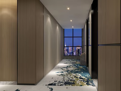 Long Hotel Corridor With Wooden Walls Large Windows City View And Patterned Carpet Ceiling Lights 3d model