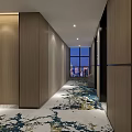 Long Hotel Corridor With Wooden Walls Large Windows City View And Patterned Carpet Ceiling Lights