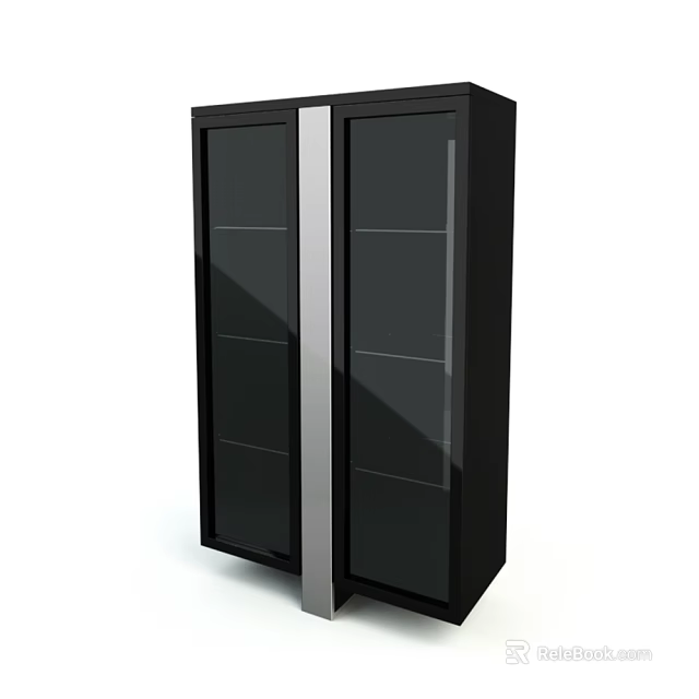 Modern Black Storage Cabinet With Glass Doors And Sleek Metal Frame Design 3d model 