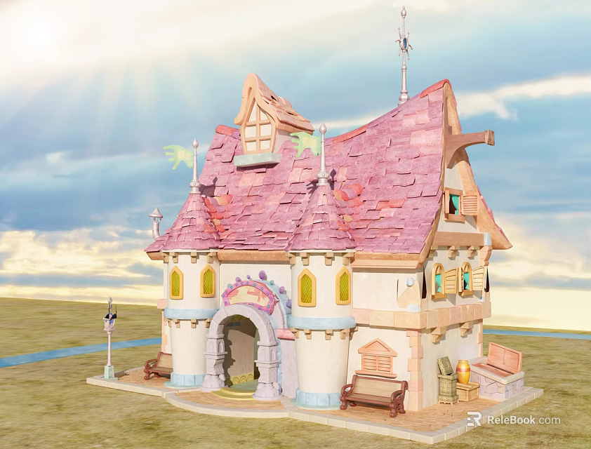 Enchanting Cartoon Fairy House With Pink Roof Tower Arched Door Benches And Street Lamp 3d model 