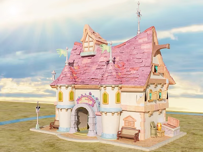 Enchanting Cartoon Fairy House With Pink Roof Tower Arched Door Benches And Street Lamp 3d model