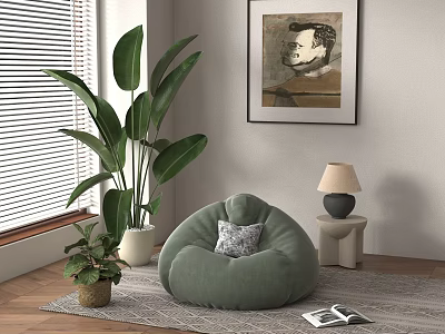 Green Bean Bag Chair In Living Room With Large Plant Wall Painting Table Lamp And Small Potted Plant 3d model