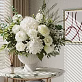 Elegant Ornament Decoration Set With White Flowers Greenery Vase And Wall Art On Marble Table