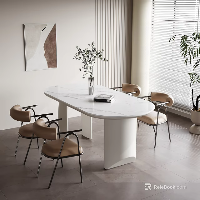 Modern Dining Table Set with White Surface Light Brown Chairs Black Frames and Green Plant Vase 3d model