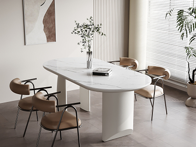Modern Dining Table and Chair Combination Cream Dining Table Dining Chair Table Ornaments 3d model